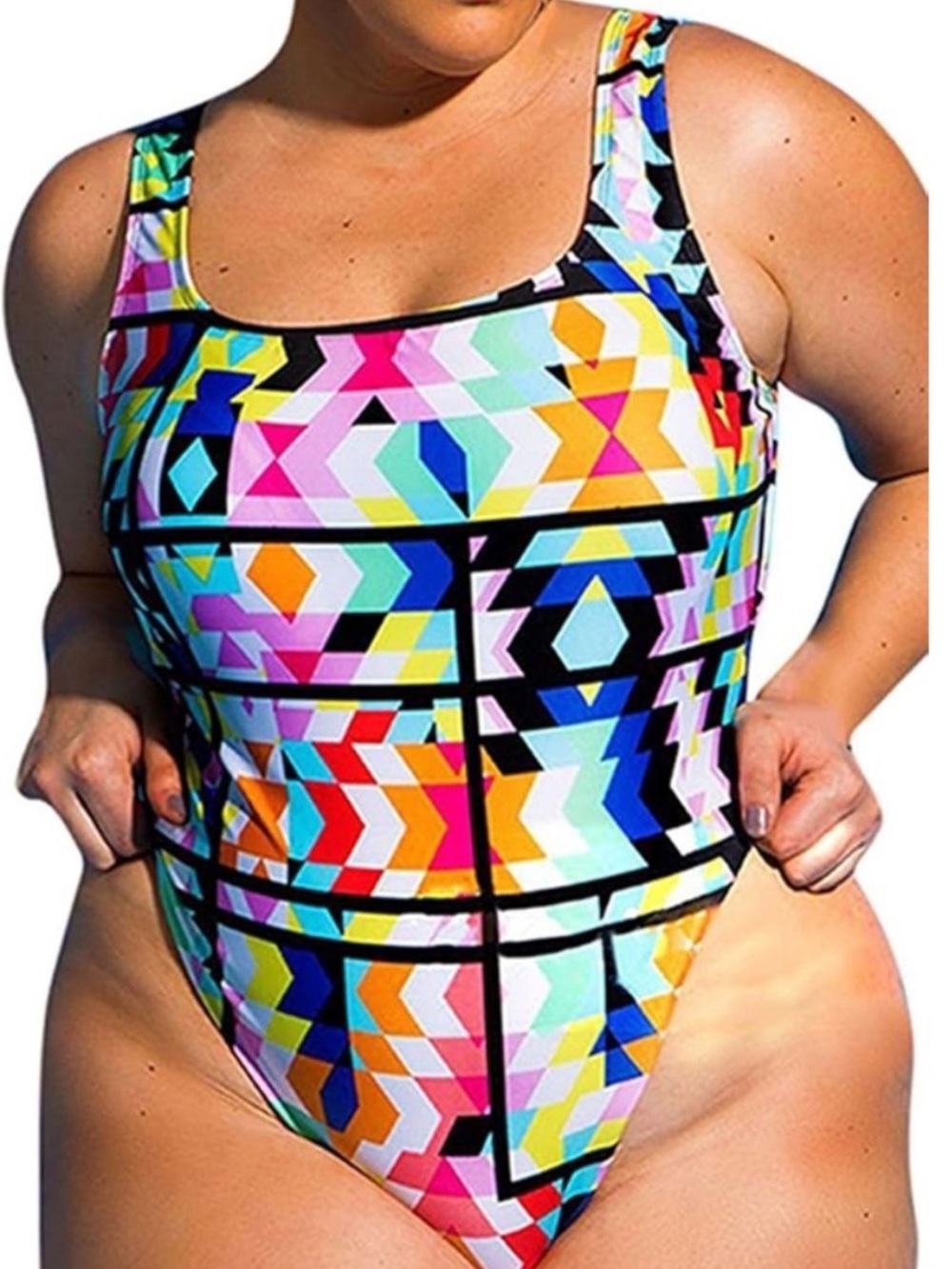 Qianmei Colorful Geometric One-Piece Swimsuit 4X (16)